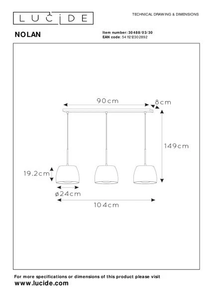 Lucide NOLAN - Pendant light - 3xE27 - Black - technical